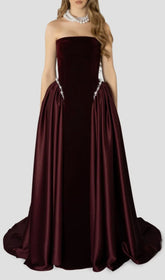 Exquisite Burgundy Velvet & Satin Strapless Maxi Gown with Pearl Accents