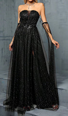 Darya Starry Night Black Sequin Slit Maxi Gown