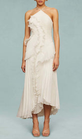 Finneas White Halter Pleated High-Low Maxi Dress