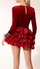 Baldev Luxe Red Velvet Ruffle Tiered Mini Dress with Crystal Feathers