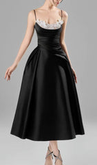 Cantara Chic Black Satin Midi Dress