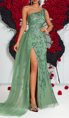 Jenne Glamorous One-Shoulder Sequin Mesh Maxi Gown with Slit