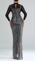 Cosmas Black Sequin Mesh Long Sleeve Evening Maxi Dress
