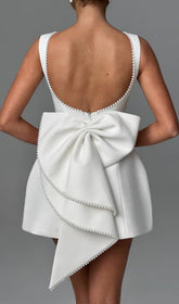 Eimear Elegant White Backless Pearl Bow Satin Mini Dress