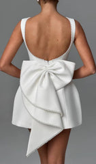 Eimear Elegant White Backless Pearl Bow Satin Mini Dress