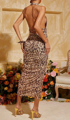 Brynthar Chic Leopard Print Halter Backless Ruched Midi Dress
