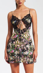 Elegant Floral Satin Mini Dress with Lace Trim & Tie-Front Keyhole