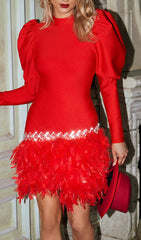 Ayoka Red Crystal Feather Puff Sleeve Bandage Mini Dress