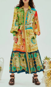 Eliseo Tropical Artistry Vibrant Printed Long Sleeve Midi Dress