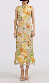 Elowen Vibrant Floral Embroidery Sleeveless Midi Dress