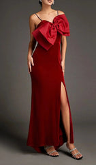 Luxurious Dark Red Velvet-Look Bow Mermaid Maxi Dress with Seductive Slit