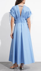 Darra Elegant Blue Floral Appliqu V-Neck Maxi Dress with Tie Sleeves