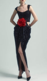Glamorous Black Sequin Crop Top Maxi Dress with 3D Red Rose & High Slit