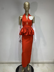 Glamorous Clor Red Halter Maxi Gown with 3D Floral & Peplum Detail