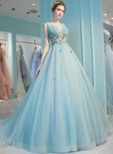 Vestido largo de tul con escote en V y flores en azul menta para quinceañeras