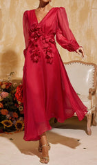 Tristen Elegant Red 3D Floral V-Neck Midi Dress with Sheer Sleeves