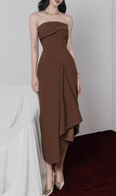 Gali Elegant Strapless Asymmetrical Brown Midi Dress