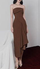 Gali Elegant Strapless Asymmetrical Brown Midi Dress