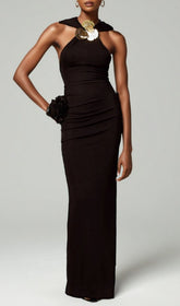 Jyn Black Halter Maxi Dress with Sculptural Floral Embellishment