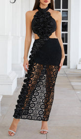 Glamorous Black Halterneck Ruffled Cutout Lace Maxi Dress
