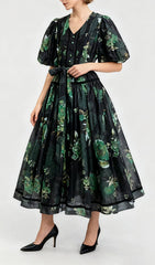 Indah Vibrant Floral Puff-Sleeve Midi Dress