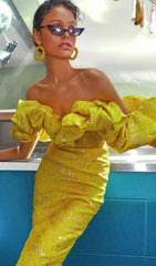 Radiant Yellow Jacquard Off-Shoulder Midi Dress with Statement Ruffle Sleeves