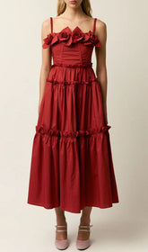 Higgins Vibrant Red Tiered Midi Dress with 3D Floral Bust Appliqus