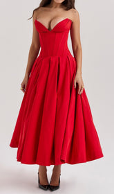 Devani Red Strapless Corset Midi Dress