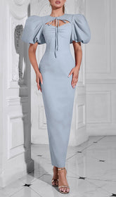 Bernadine Serene Blue Puff Sleeve Keyhole Tie-Front Maxi Dress