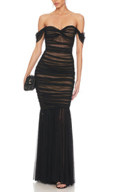 Glamorous Black Off-Shoulder Ruched Mesh Maxi Gown