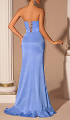 Enchanting Periwinkle Strapless Sweetheart Maxi Dress with Floral Ruffle Slit