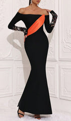 Haneefa Glamorous Black Off-Shoulder Maxi Dress with Sparkling Diamante Sleeves & Vibrant Orange Drape