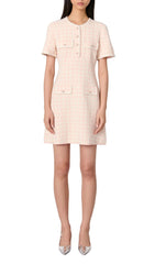Rartingal Chic Tweed Knit Mini Dress with Pearl Trim & Ornate Buttons