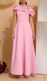 Hạnh Elegant Pink One-Shoulder Maxi Dress with 3D Floral Appliques