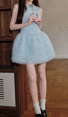 Chic Honey Blue Sleeveless Mesh Mini Dress