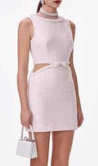 Chic Cream Boucle Pearl Cut-Out Mini Dress