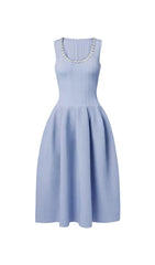 Faustine Elegant Pearl-Trim Knit Midi Dress