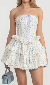 Hammond Blue Floral Strapless Ruffle Mini Dress