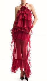 Eleri Red Ruffle Tiered Halter Maxi Dress
