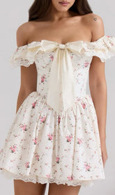 Evana Dreamy Cottagecore Floral Off-Shoulder Mini Dress with Bow