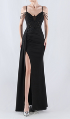 Chofa Black Beaded Corset Maxi Dress