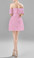 Caradoc Blush Pink Off-Shoulder Rosette Mini Dress