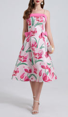 Faylinn Romantic Pink Tulip Floral Midi Dress with Pearl Straps & Chic Bows