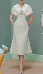 Endre Chic V-Neck Midi Dress with Pleated Sleeves & 3D Floral Appliqu