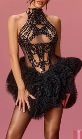 Lunexra Dazzling Rhinestone Halter Tulle Mini Dress
