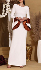 Hadleigh Elegant White Long Sleeve Maxi Dress with Dramatic Satin Cuffs