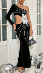 Bariah Black One Shoulder Velvet Maxi Gown with Floral Embellishment & Cutout