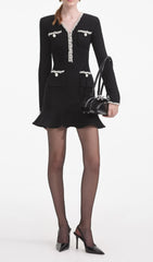 Chic Black Pearl Trim Waffle Knit Mini Dress for Women