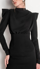 Striking Black Velvet Backless Midi Dress