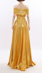 Kaliska Luminous Gold Off-Shoulder Maxi Gown
